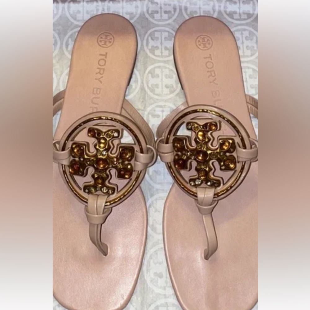 Tory Burch  MillerGold Tan Sandals with Medallion jewels - Picture 2 of 13